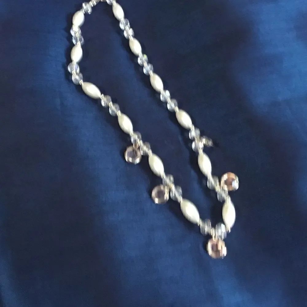 Silvertone Crystal and White Faux Pearl Necklace